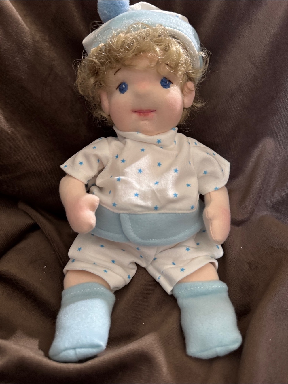 Plush Cloth Baby Doll with Blonde Hair and Blue Eyes